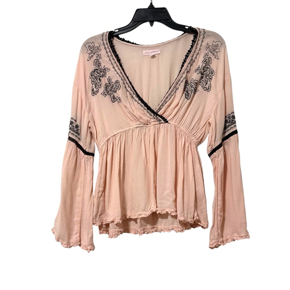 Coco + Jaimeson Size Small Pink Black Embroidered Bell Sleeve‎ Y2K Babydoll Top